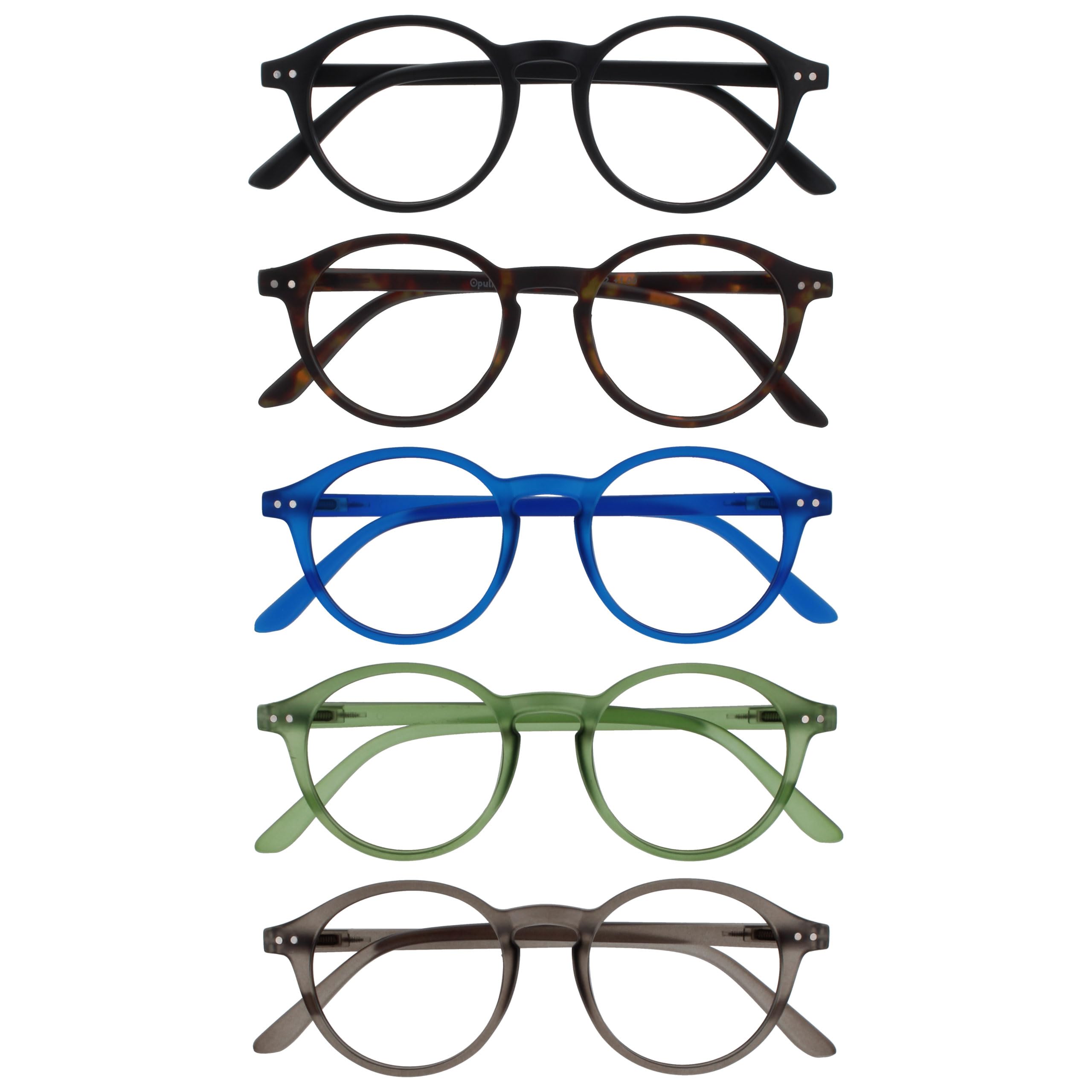 OPULIZE REY Reading Glasses - 5-Pack - Retro Round Frame - Matt Black, Brown, Blue, Green, Grey - Mens Womens - Spring Hinges - RRRRR56-12367 - +3.00