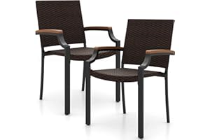 Tangkula Stackable Patio Wicker Dining Chairs Set of 4, Outdoor Rattan Cushioned Chairs with Acacia Wood Armrests & Metal Fra