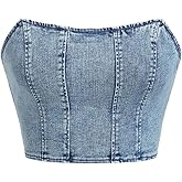 WDIRARA Women's Denim Tube Top Y2k Strapless Sleeveless Zip Back Bandeau Crop Tops