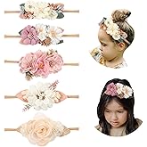 Cinaci 5 Pack White Pink Delicate Rose Flower Nylon Headbands Floral Hair Bows Daisy Flowers Headband Elastic Hair Bands Easter Christmas Hair Accessories for Baby Girls Newborns Infants Toddlers Kids