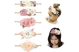Cinaci 5 Pack White Pink Delicate Rose Flower Nylon Headbands Floral Hair Bows Daisy Flowers Headband Elastic Hair Bands Easter Christmas Hair Accessories for Baby Girls Newborns Infants Toddlers Kids