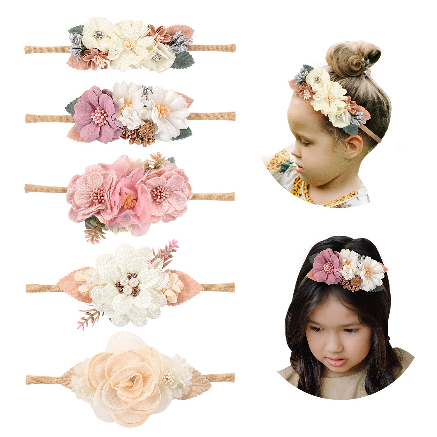 Cinaci 5 Pack White Cream Pink Delicate Flower Nylon Headbands Fancy Floral Hair Bows Elastic Soft Hair Bands Easter Spring Boho Head Accessories Bulk for Baby Girls Newborns Infants Toddlers Kids