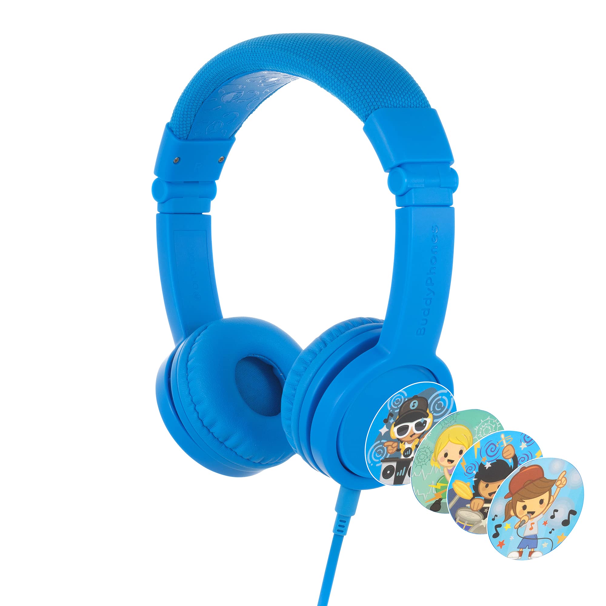 ONANOFF BuddyPhones Explore Plus, Foldable Kids Wired Headphones, SafeAudio Volume-Limiting to 85dB, Built-in Audio Sharing Cable with in-Line Mic, for Kindle, iPad, iPhone, or Android (Cool Blue)