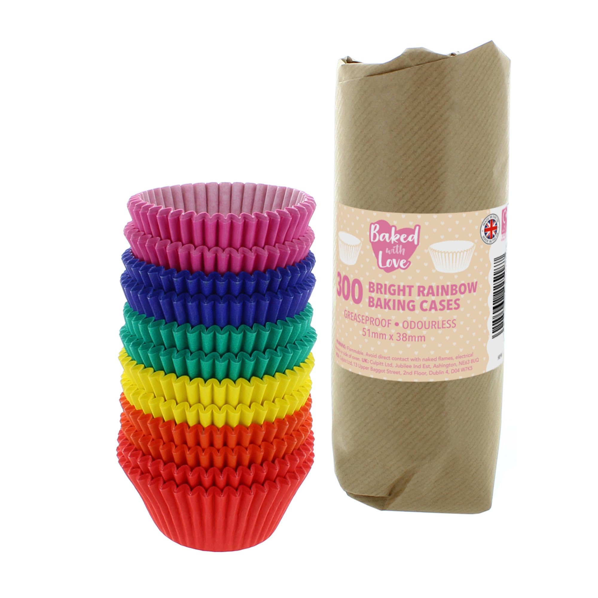Baked With Love Bright Rainbow Cupcake Cases - 300-50mm Baking Cups, Red, Blue, Green, Yellow, Purple, Orange, Greaseproof Paper Cases for Muffins and Cupcakes, Bulk Pack of 300