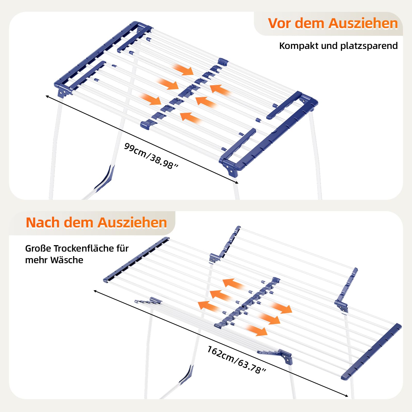 KINGBOARD Wäscheständer klappbar ausziehbar, Flügelwäscheständer 57 x 162 x 86 cm, Stabiler Standtrockner mit rutschfesten Füßen für Innen und Außen, Weiß 7