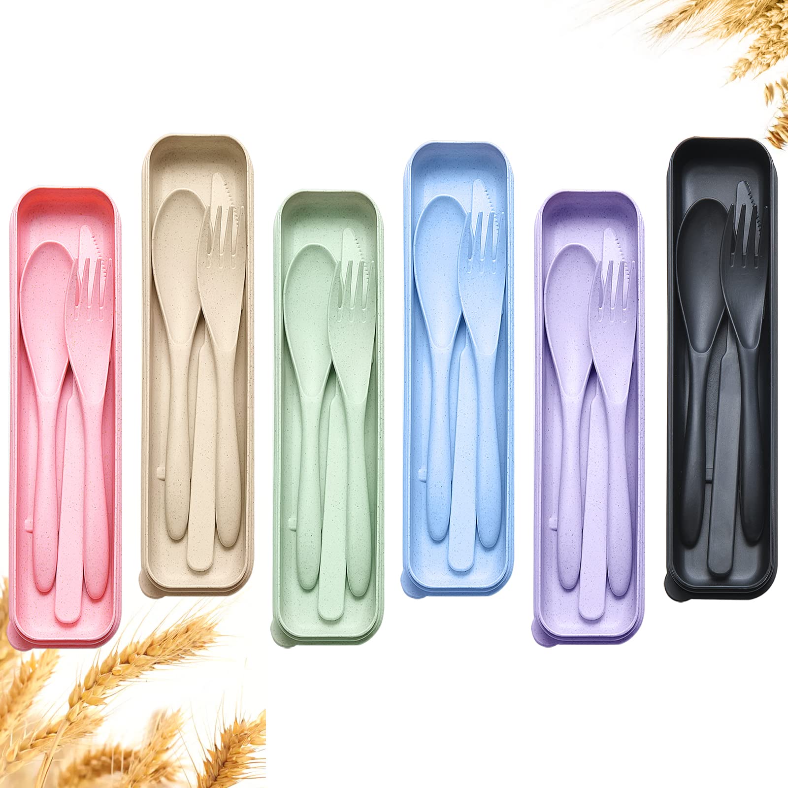 Photo 1 of Reusable Travel Utensils Set with Case, 6 Sets Wheat Straw Portable Knife Fork Spoons Cutlery, Eco-Friendly BPA Free Plastic Tableware for Kids Adults Travel Picnic Camping Utensils