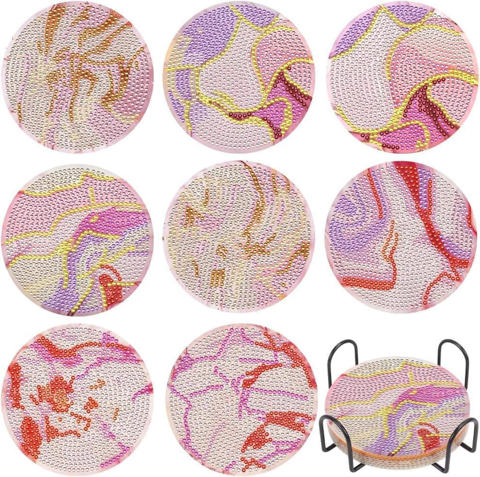 SOEWIOU Diamond Painting Glass Coaster, DIY, Non-Slip, Round, Ocean Pink, Kitchen Cup Coaster