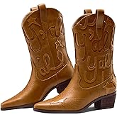 Uootopo Metallic Cowboy boots for Women Embroidered Mid Calf Womens Cowgirl Boots Western Pointed Toe Chunky Heel