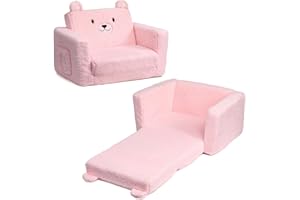 ALIMORDEN Fold Out Toddler Couch, Comfy 2-in-1 Cuddly Sherpa Bear Chair for Kids, Convertible Sofa to Lounger, Kids Cozy Corner Play Couch for Boys and Girls, Pink