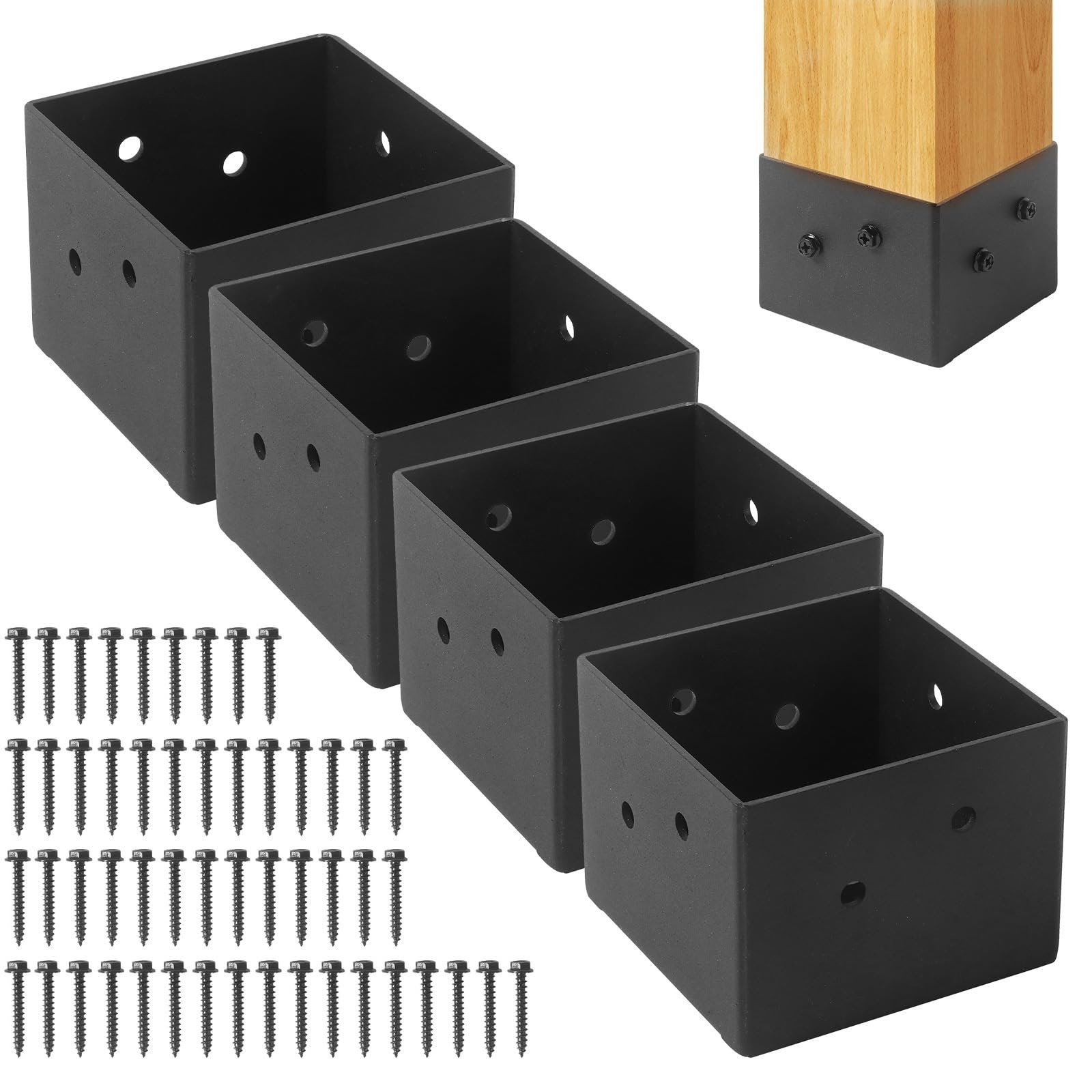 Photo 1 of 4 x 4 Deck Post Base, Post Anchor(Inner Size 3.6" x 3.6") Heavy Duty Steel Post Brackets, Black Powder Coated, for Deck Railing Supports Pergola Porch Post Holders (4 x 4 Deck Post Base, 4 Pack)
