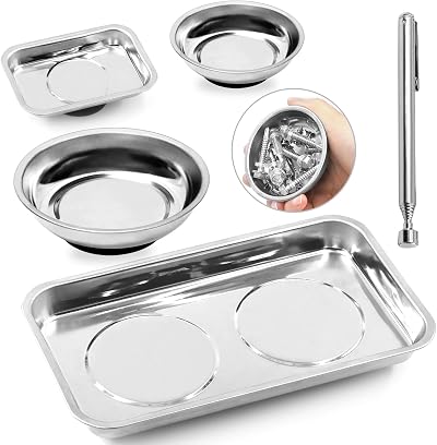 Swpeet 5Pcs Magnetic Tool Tray Holder Kit w/ Pickup Tool Round Square Stainless