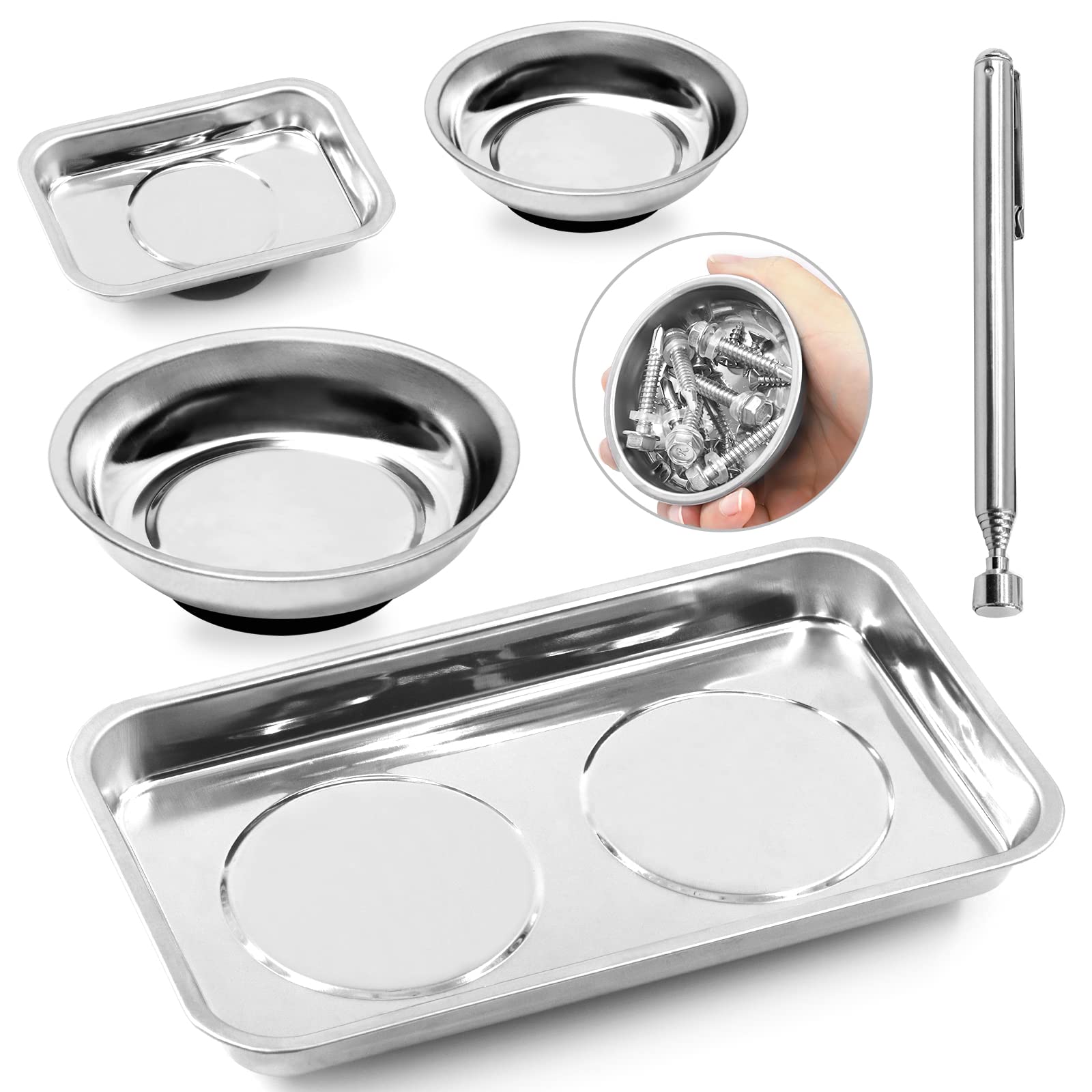 Swpeet 5Pcs 2 Shapes Round and Square Stainless Steel Magnetic Tool Tray with 3Ib Magnetic Pickup Tool Assortment Kit, Magnetic Parts Tray Holder Round Magnetic Tray for Parts Socket Screw Nut Bolt