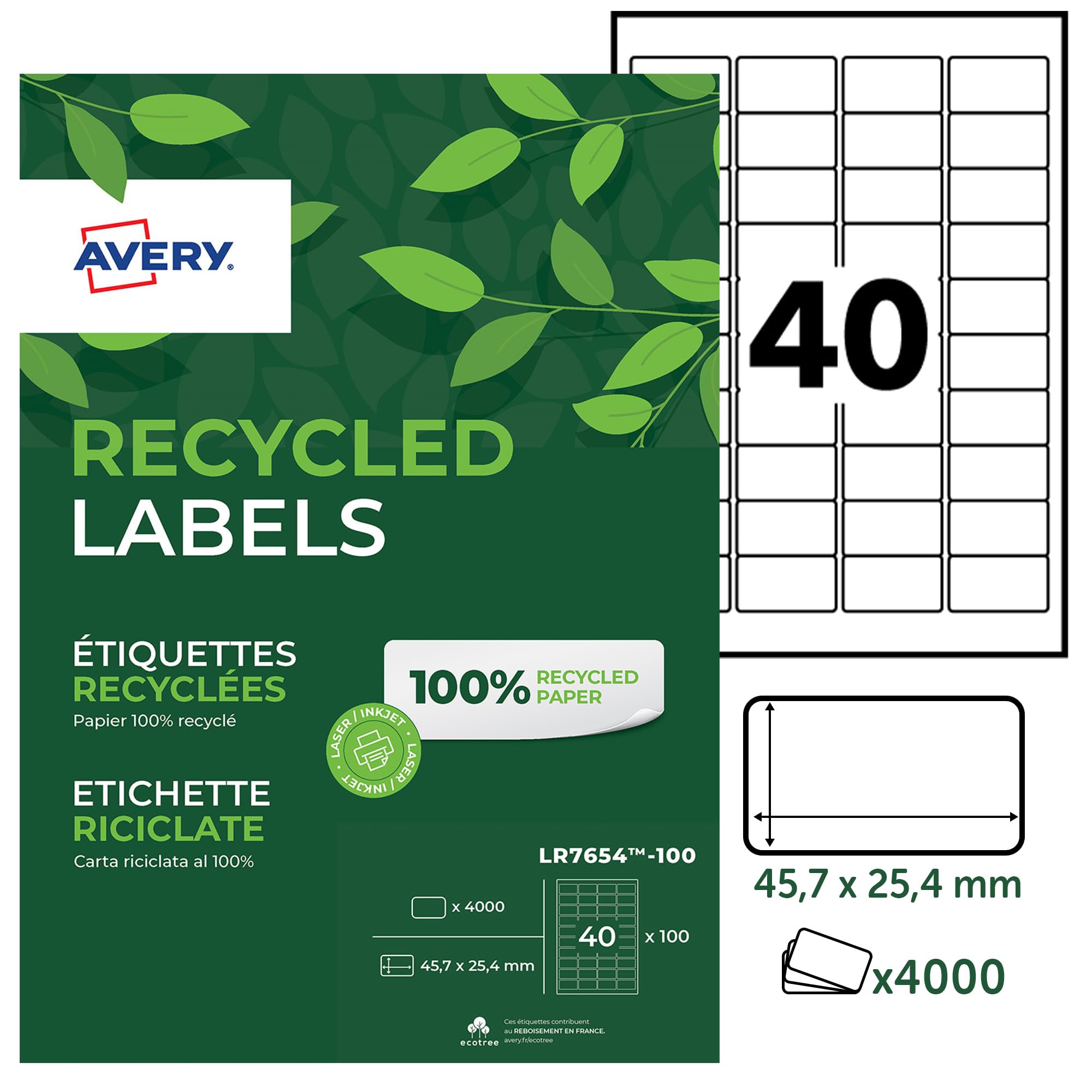 Avery - Avery LR7654-100 Recycled Address Labels 45.7 x 25.4 mm White (Box of 4000)