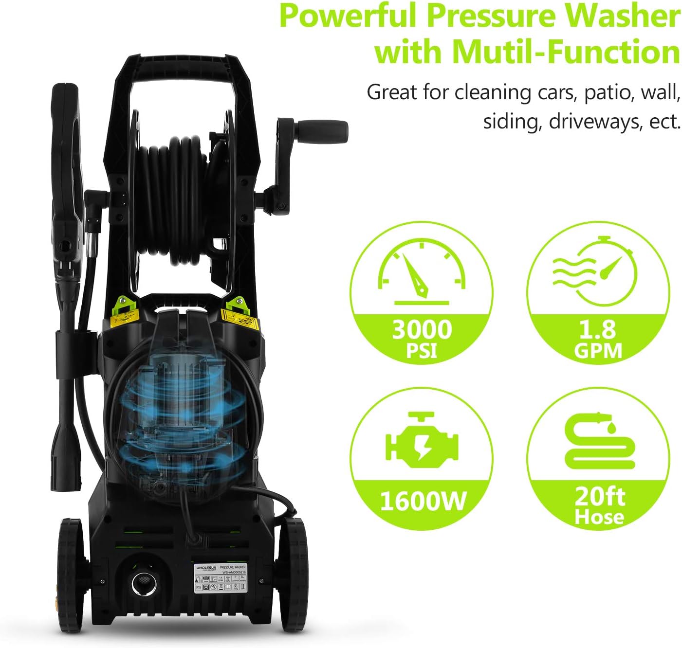 WHOLESUN 3000PSI Pressure Washer Electric 1.8GPM 1600W High Power Washer Machine with Spray Gun & 5 Nozzles (Green) : Garden & Outdoor