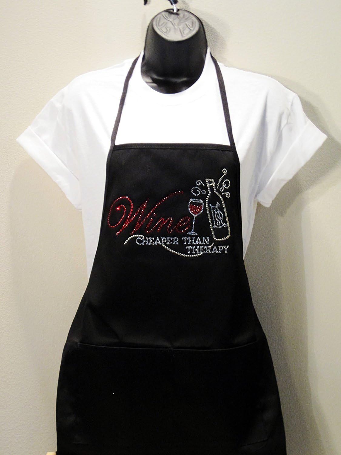 "Wine Cheaper Than Therapy" - Rhinestone Two Pocket Poly Cotton Blend Apron