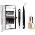 KC Republic Lash Eyebrow Extensions Kit with 1 x Trays of Mink False Eyebrows in Black Comes on Mixed Length Trays 5-8 mm Mix, Glue Clear & Dual Pack (Straight & Curved Tip) Extension Tweezers