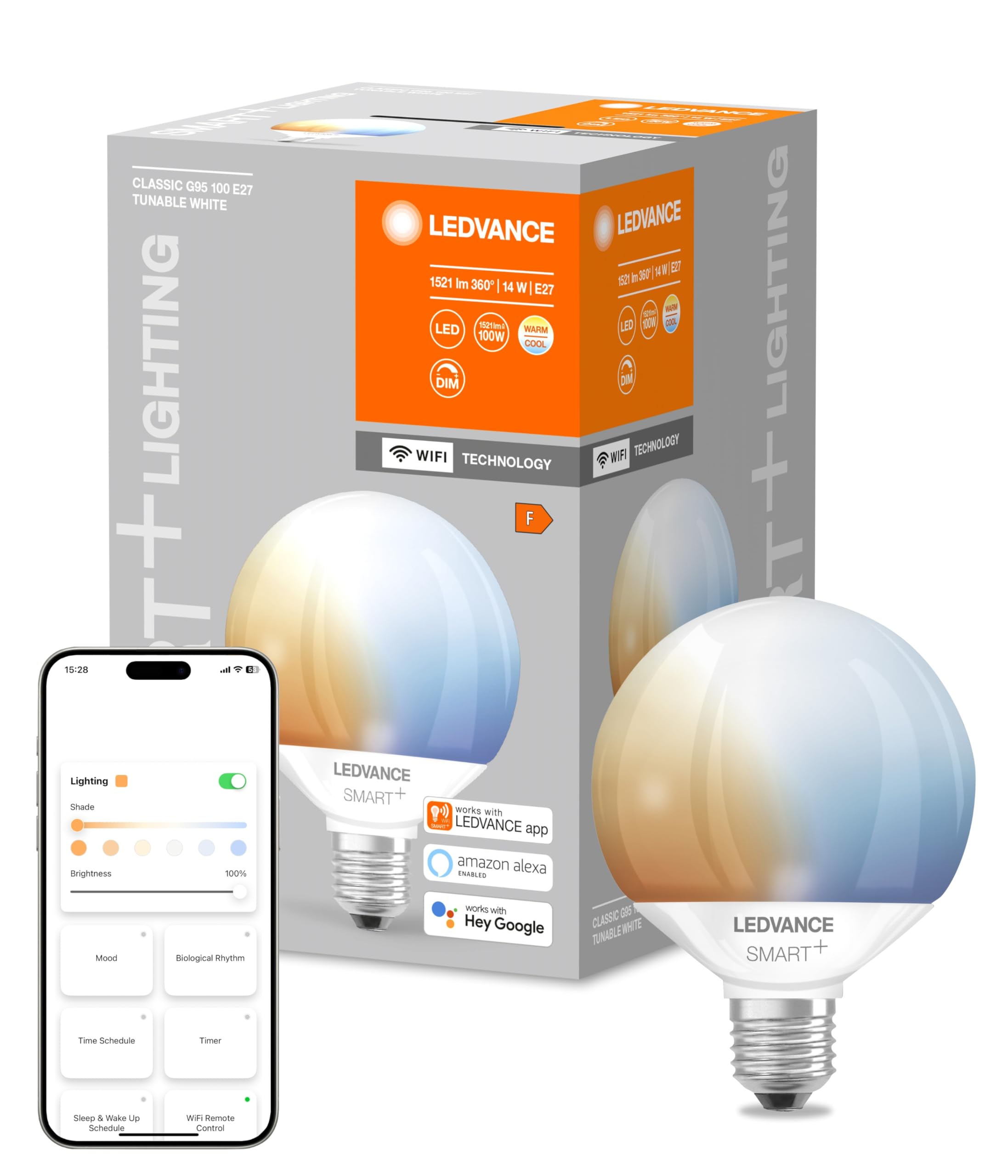 LEDVANCE Smart LED lamp with WiFi Technology, E27, Dimmable, Light Colour Changeable (2700-6500K), Globe Shape, Matt, Controllable with Alexa, Google & App, 1 Pack
