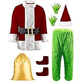 PSISABALL Christmas Santa Costumes for Adult Men 8Pcs Green Furry Santa Suit, Funny Santa Claus Outfit Cosplay Full Set