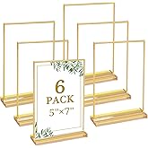 Floroom 6 Pack 5x7 Inch Clear Acrylic Sign Holders, Double-Sided Gold Display Stand Picture Frames for Table Numbers, Menus, Flyers, Weddings, and Offices