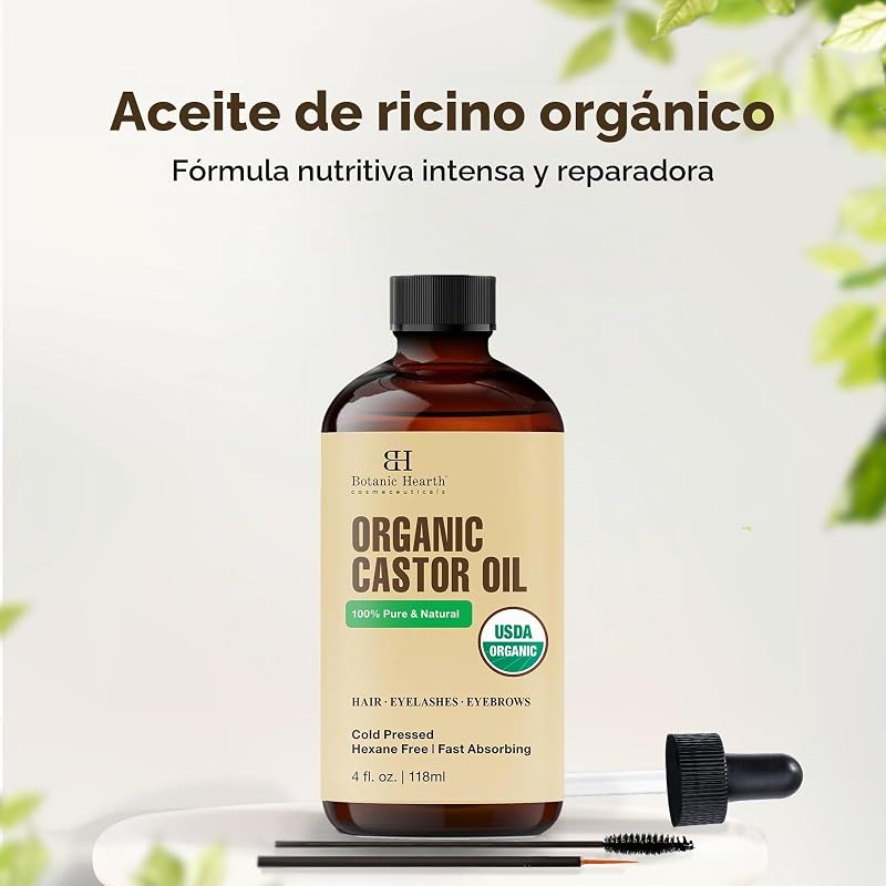 Aceite de ricino | 100% puro y natural, prensado en frío, orgánico | 118,3 ml | Para cabello, pestañas y cejas | Sin hexano | Absorción rápida | Con gotero y aplicadores