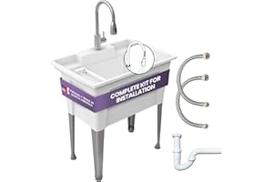 Freestanding Utility Sink with Gooseneck Faucet - 32" Plastic Utility Sink with Steel Legs for Garage, Laundry, Indoor and Ou
