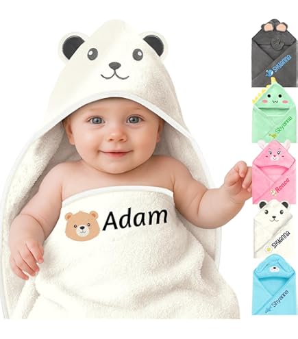 Personalized Baby Hooded Towel With Ears - Custom Monogram Infant Bath Towel Super Soft Terry Cloth