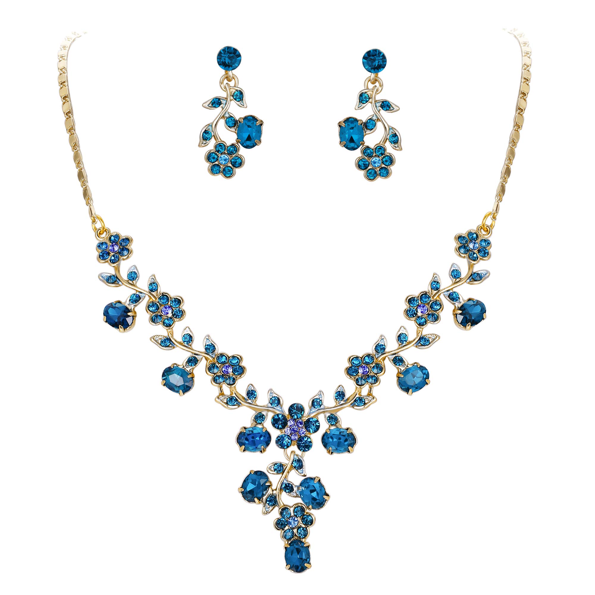 Ever Faith Bridal Jewellery Set Rhinestone Crystal Floral Leaf Vine Wedding Necklace Earrings Sets for Women Light Blue Gold-Tone