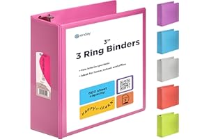 3 Inch 3 Ring Binder Pink, Slant D-Ring 3” Clear View Cover with 2 Inside Pockets, Heavy Duty Colored School Supplies Office and Home Binders – by Enday