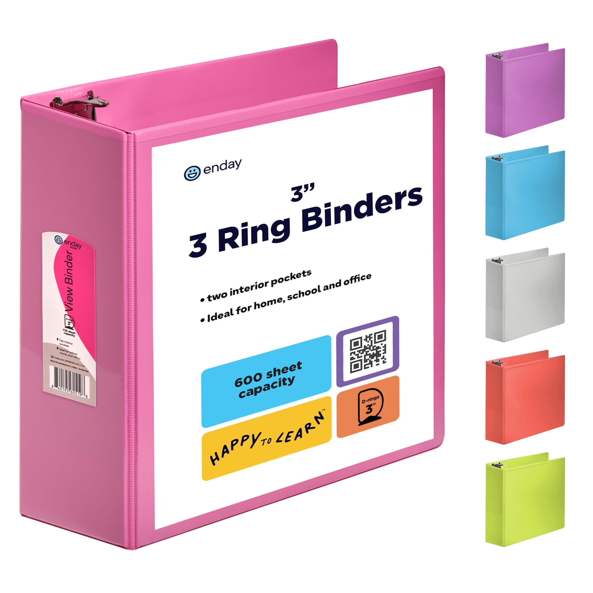 Photo 1 of 3 Inch 3 Ring Binder Pink, Slant D-Ring 3” Clear View Cover with 2 Inside Pockets, Heavy Duty Colored School Supplies Office and Home Binders – by Enday