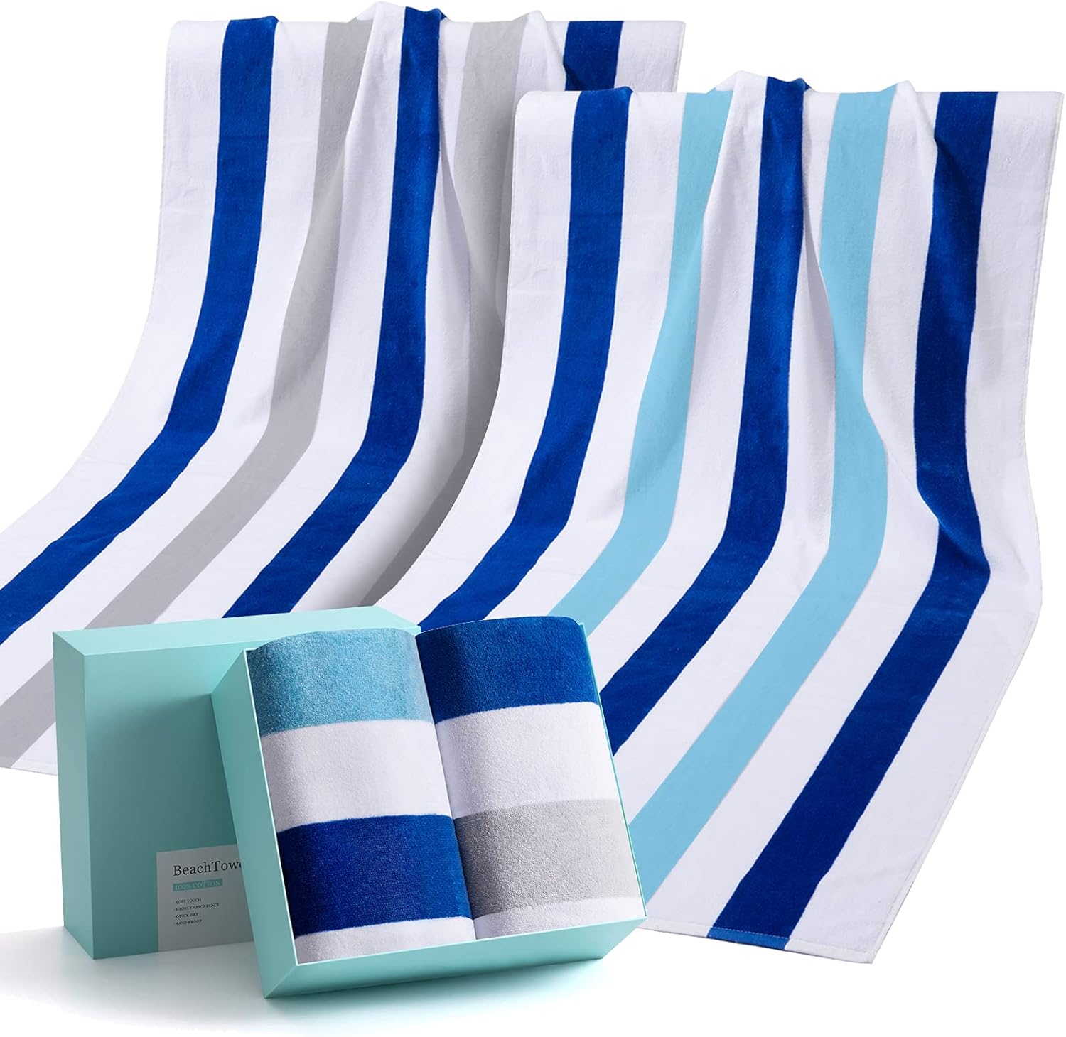 Large Beach Towel,100% Cotton Pool Towel and Colorful Beach Stripes Soft and Quick Dry Swim Towels Variety Pack with Gift Box(2 Pack)