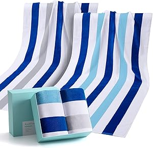 Large Beach Towel,100% Cotton Pool Towel and Colorful Beach Stripes Soft and Quick Dry Swim Towels Variety Pack with Gift Box(2 Pack)