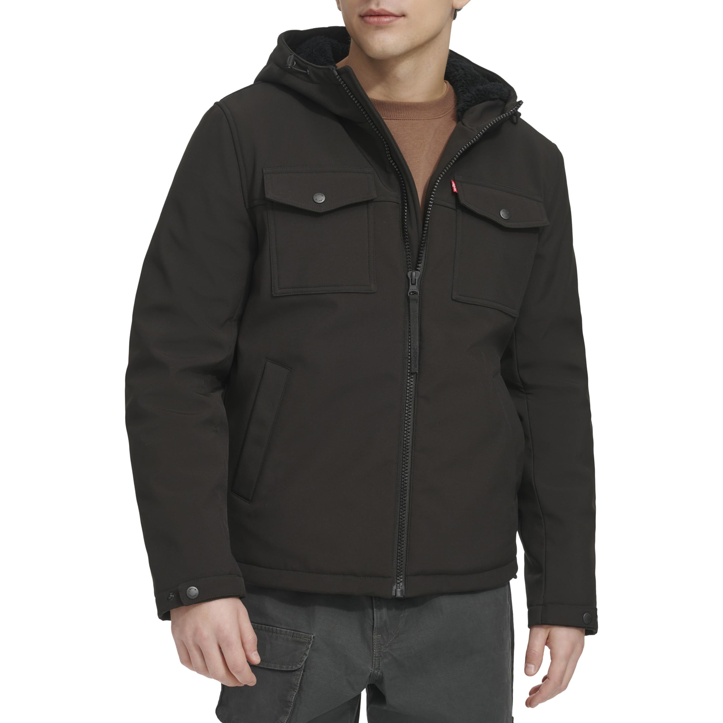 Photo 1 of Levi's mens Soft Shell Two Pocket Sherpa Lined Hooded Trucker Insulated Jacket, Black Tech, Small US
