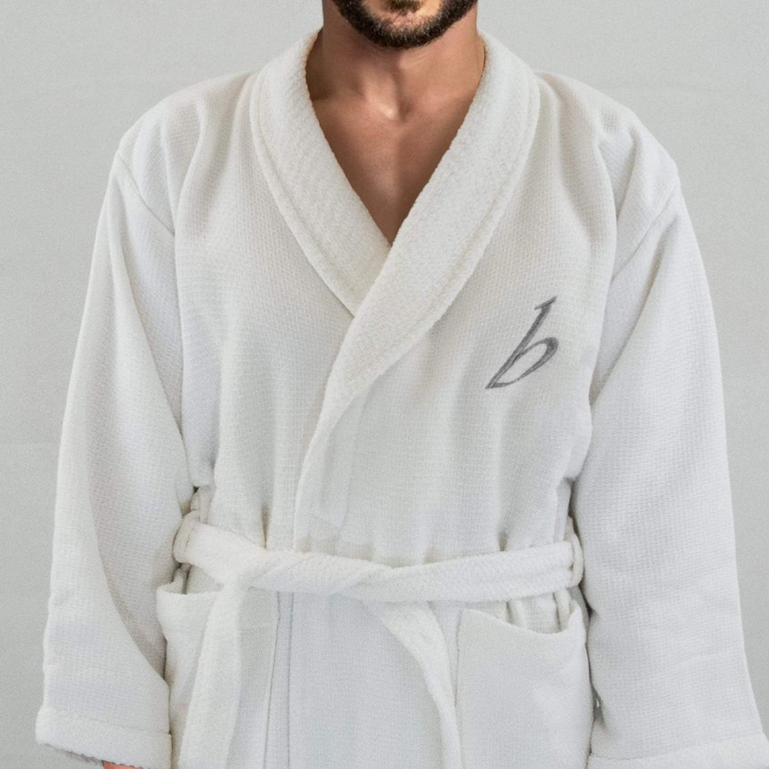 BGEUROPEHotel Edition White Waffle/Terry Men Bathrobe with Personalized Silver Letter and Name (L)