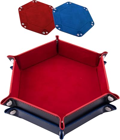 SIQUK 2 Pieces Dice Tray Hexagon Folding PU Leather Velvet Red Blue