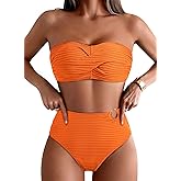 Pink Queen High Waisted Bikini Sets for Women Twist Front Bandeau Top Metal Ring Swimsuits Bathing Suit