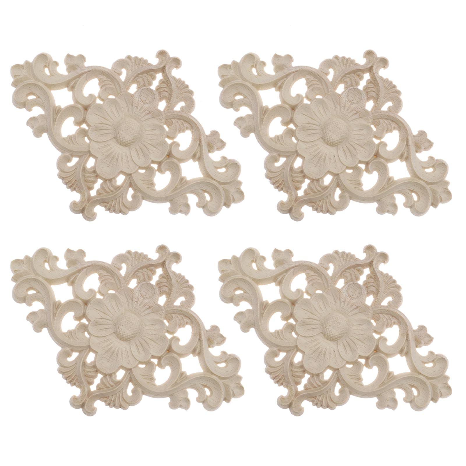 EMSea 4PCS Wood Carved Appliques Unpainted Onlay Furniture Ornament Wooden Flower Shape Decoration for Home Furniture Wall Cabinet Door Mirror 15x10.5cm