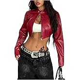 GORGLITTER Women's Cropped Leather Bomber Jacket Trendy Zip Up Long Sleeve Racing Varsity Jacket Biker Outwear