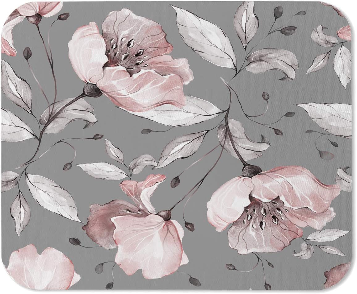 Yeuss Flower Rose Mouse Pad Rectangular Non-Slip Mousepad, Pattern With Spring Flowers And Leaves Floral Pattern Of Fabric Flower Rose Gaming Mouse Pads, Pink Grey,200mm x 240mm