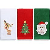 Maracco 3 Pack Christmas Hand Towels 100% Cotton Embroidered, Christmas Santa Claus & Reindeer Hand Towels for Bathroom Kitchen Decor, Xmas Holiday Towel Gift Set