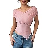 OYOANGLE Women's Cross Wrap Short Sleeve Top Off Shoulder Asymmetrical Hem Slim Fitted Ruched Tee Tops