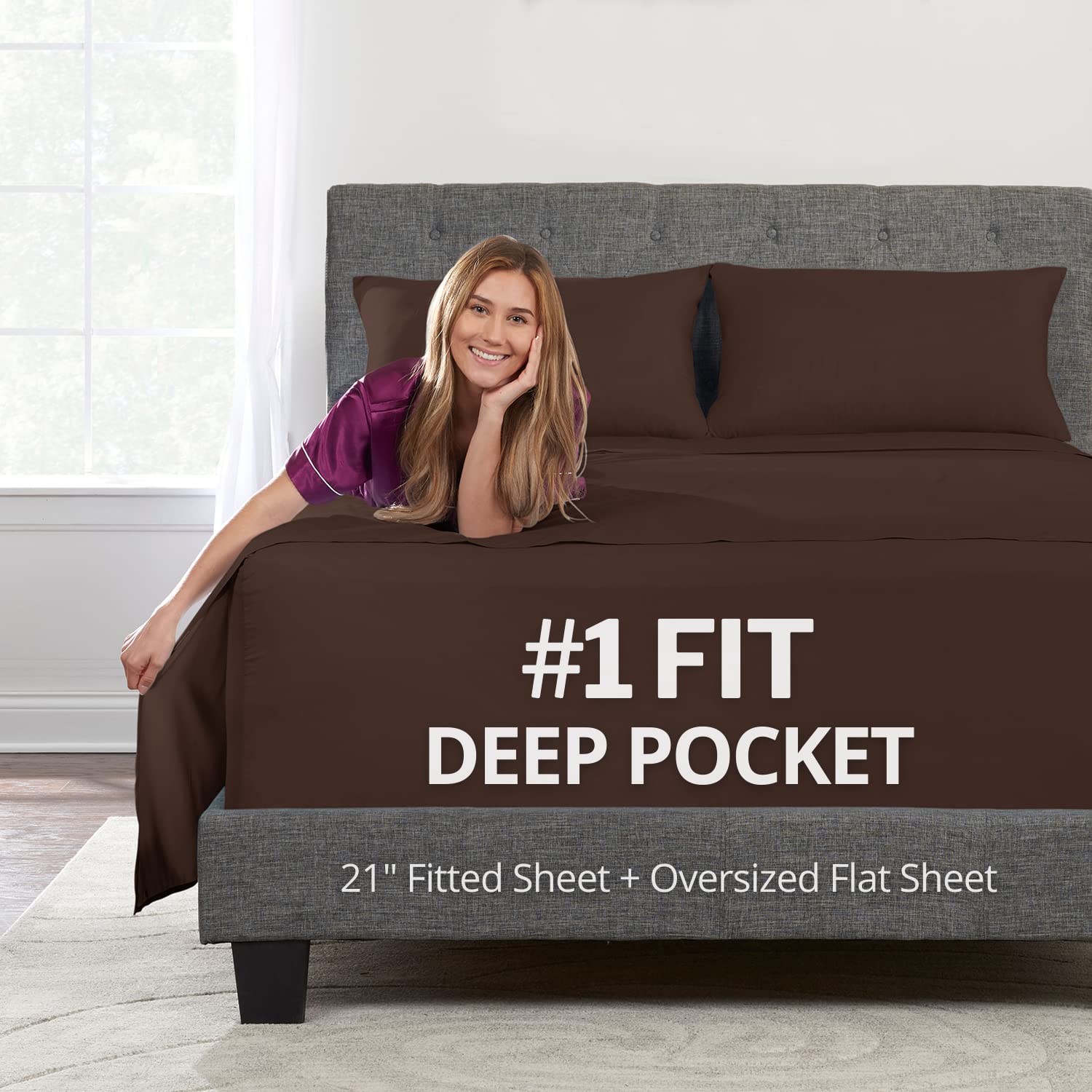 Photo 1 of California King Sheet Sets – Deep Pocket California King Sheet Set – [4-Pieces] 21” Cal King Sheets Deep Pocket Fitted, Oversize Flat Sheet, 2 Zipper Closure Pillowcases – Cal King Bed Sheets – Brown