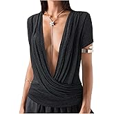 SOLY HUX Women's Deep V Neck T Shirts Short Sleeve Draped Fitted Sexy Tops Summer Date Night Outfit