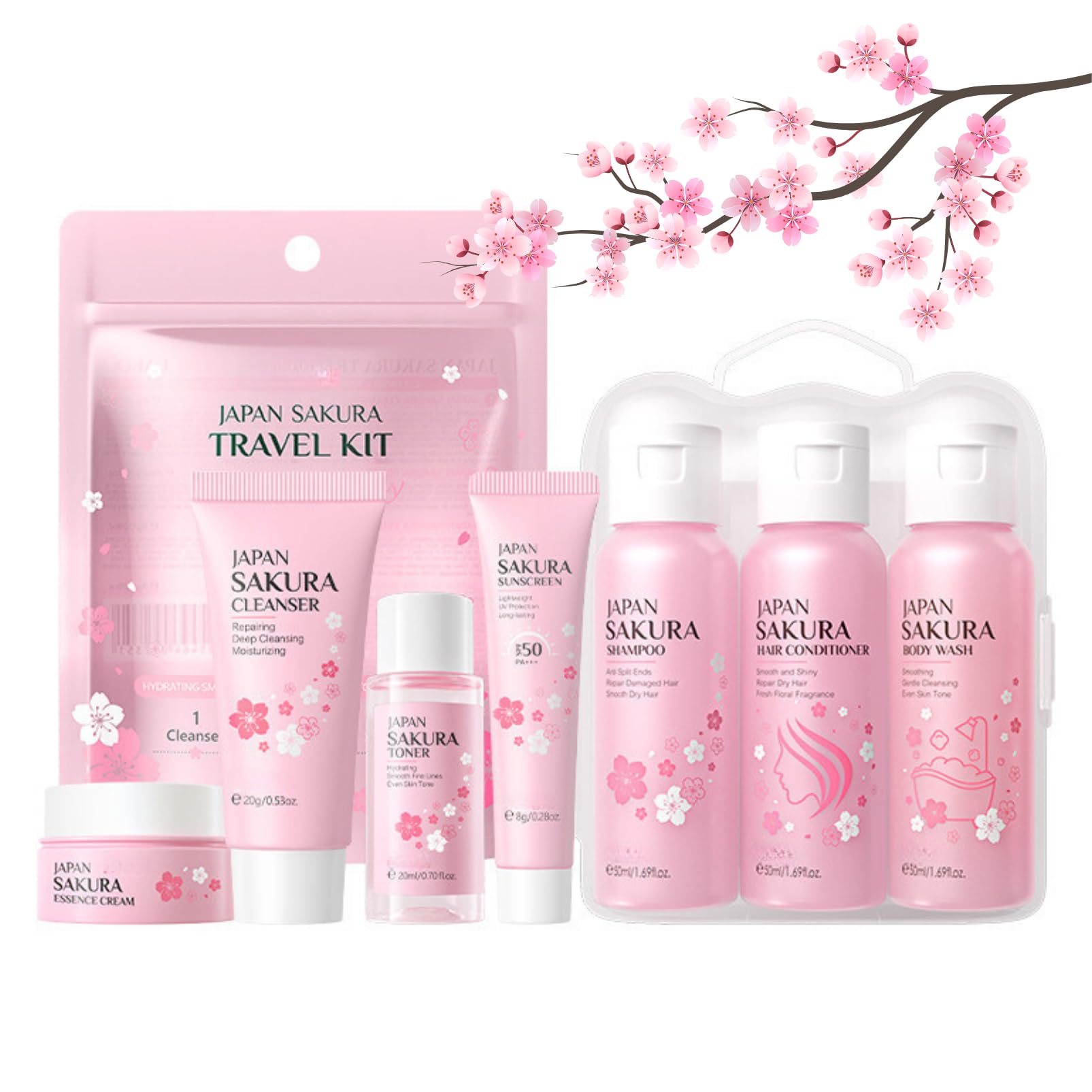 Sakura Womens Gift Sets-Sakura Shower Gift Sets for Women-Teenage Girl Gift-Toiletries Gift Set With Travel Size Cleanser,Toner,Face Cream,Sunscream,Shampoo,Conditioner and Body Wash-7Pcs Skincare Set