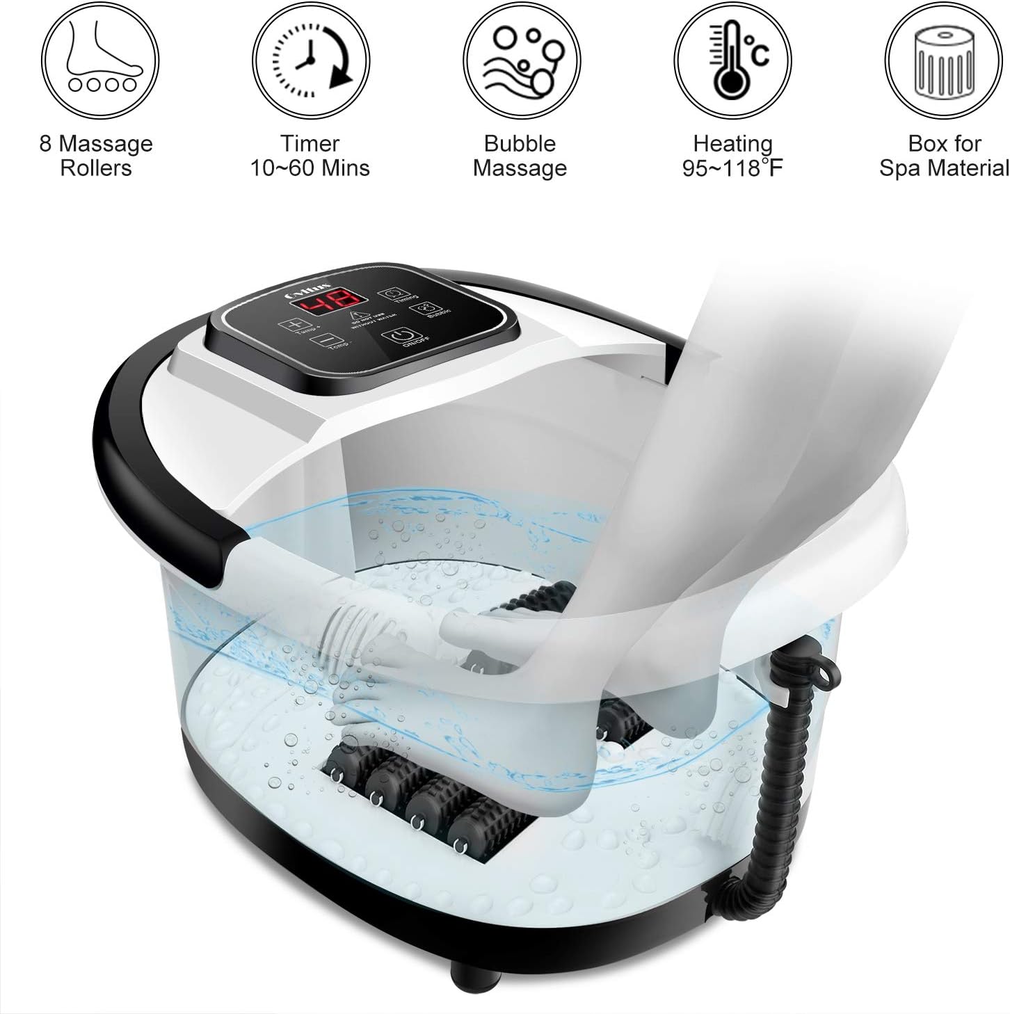 Foot Spa Bath Massager with Heat, Bubble Jets and 8 Removable Long Massage Rollers with Acupressure Massage Nodes, Material Box, Digital Adjustable Temperature Control, Portable Handle: Health & Personal Care