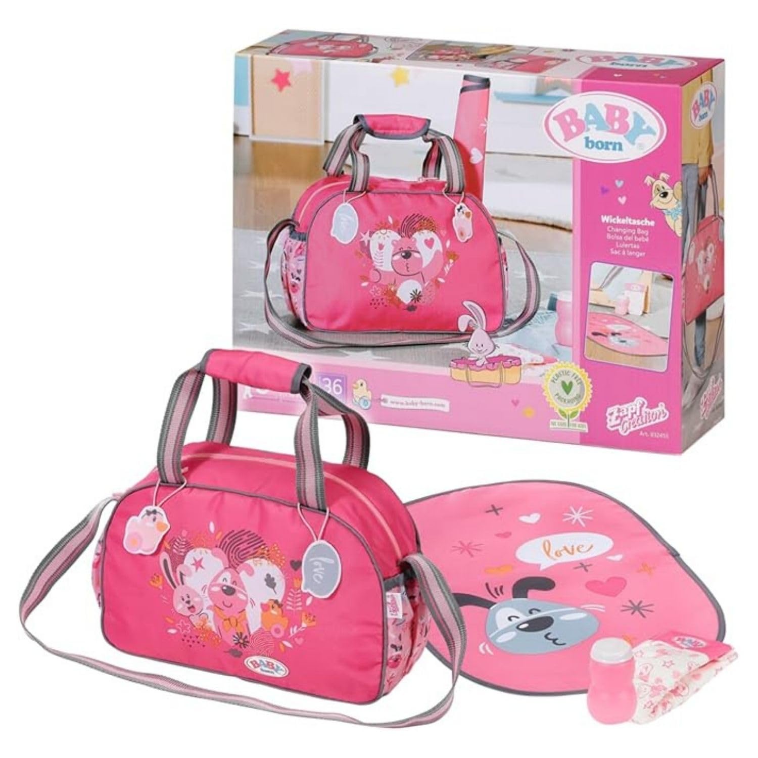 BABY born Changing Bag - Doll changing bag in Pink/Grey - Premium doll accessories incl. changing mat, Nappy & Powder tin - Suitable for children from 3 years