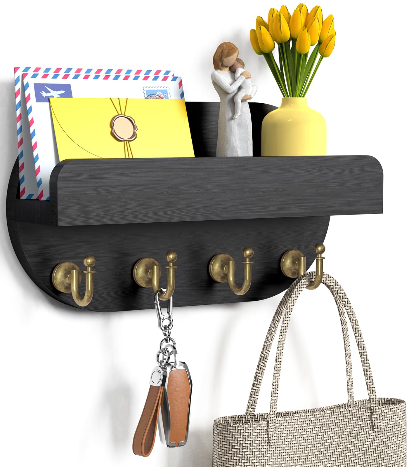 Key Holder Wall Mount,Key Holder for Wall Decorative Key and Mail Holder with Shelf,Modern Key Rack for Home Wall Decor for Apartment Office Entryway Front Door Living Room (Stylish Black)