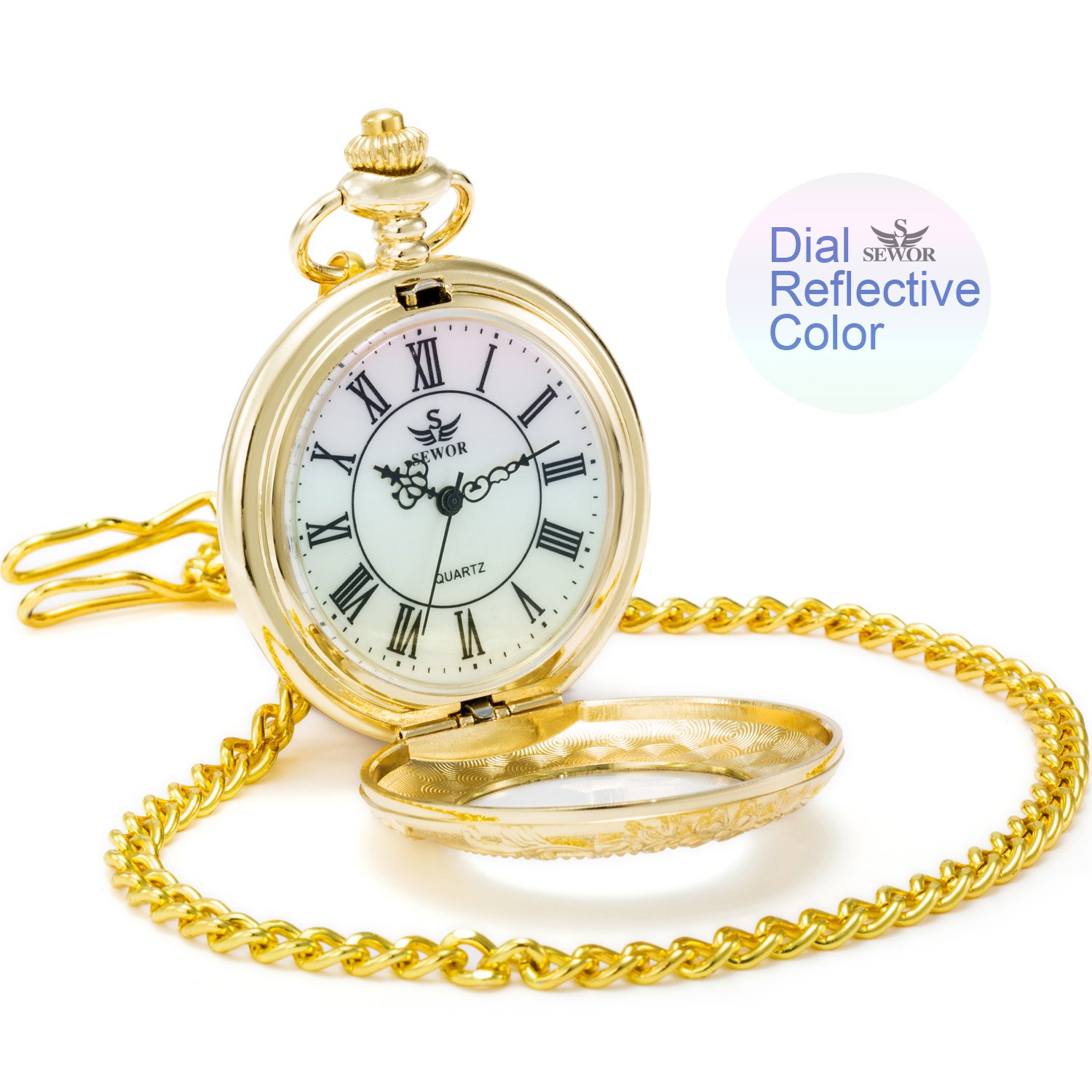 SEWOR Quartz Pocket Watch Shell Dial Magnifier Case with Two Type Chain (Leather+Metal) (Gold)