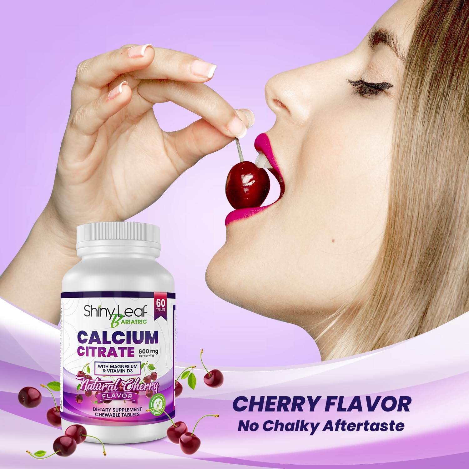 Shiny Leaf Bariatric Calcium Citrate 600 mg Supplement for Bariatric Surgery Patients, 60 Ct Chewable Tablets with Magnesium, Vitamin D3, Natural Cherry Flavor, Vegetarian Formula (1 Month), White