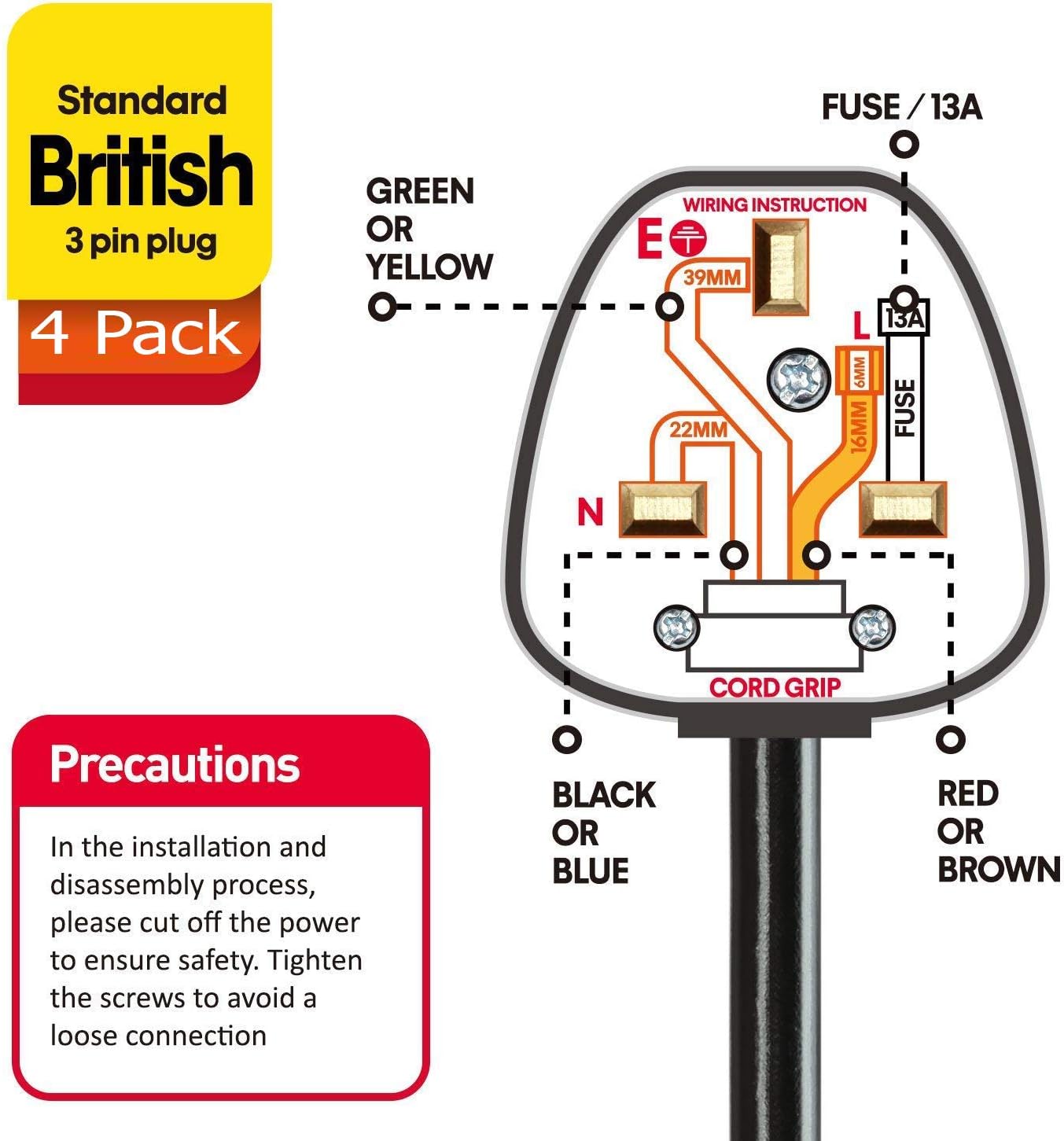 4X Transparent UK Fused 13 Amp Mains 3 Pin Household Plugs. Complete