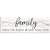 Family Wooden Wall Decor 15.7 x 5.1 Inch Where Life Begins - Love Never Ends Wall Plaque, Hanging Sign With Words, Rustic Home Decor